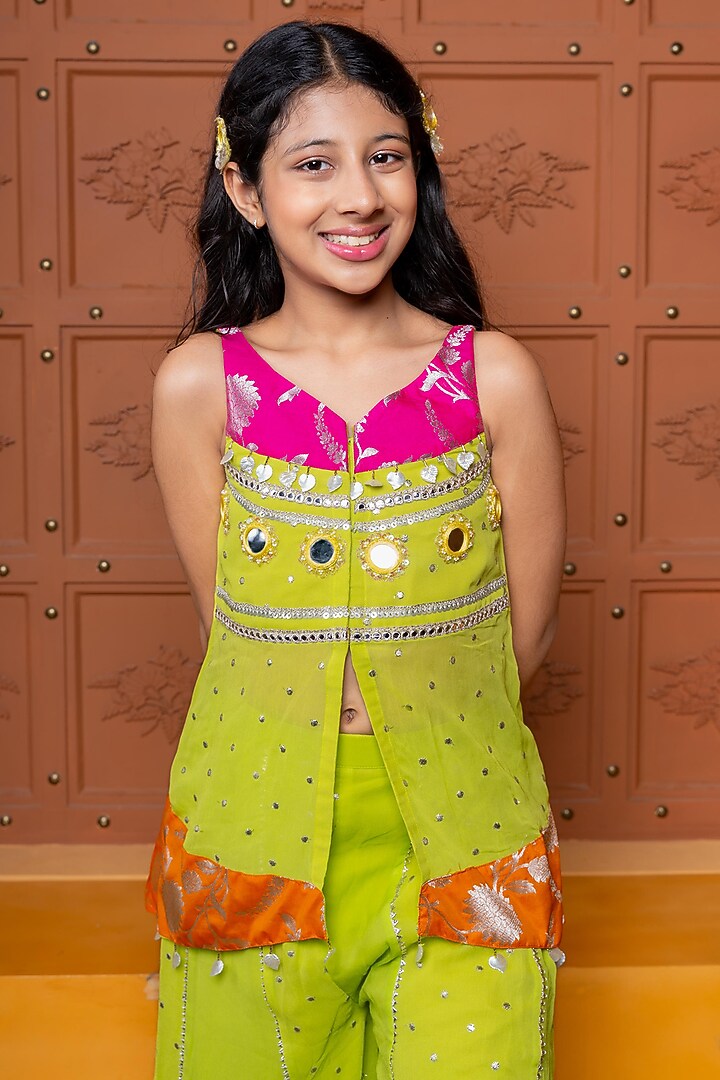 Green Georgette & Brocade Silk Sharara Set For Girls by Kirti Agarwal Pret n Couture at Pernia's Pop Up Shop