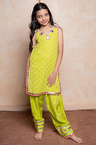 Green Georgette & Dola Silk Dhoti Set For Girls by Kirti Agarwal Pret n Couture