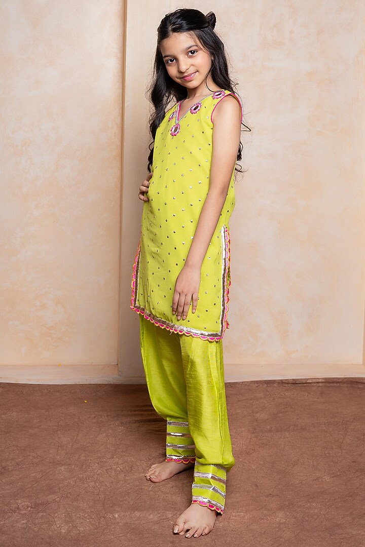 Green Georgette & Dola Silk Dhoti Set For Girls by Kirti Agarwal Pret n Couture at Pernia's Pop Up Shop