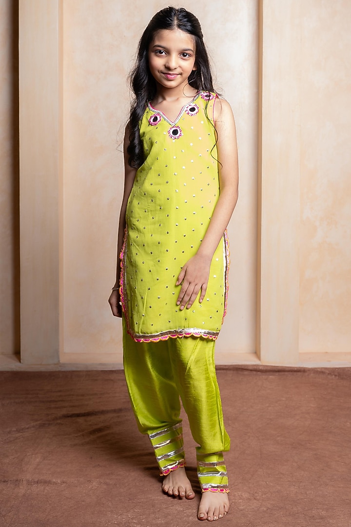 Green Georgette & Dola Silk Dhoti Set For Girls by Kirti Agarwal Pret n Couture at Pernia's Pop Up Shop