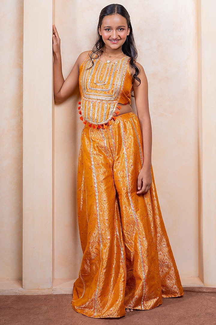 Golden Yellow Brocade Silk Palazzo Pant Set For Girls by Kirti Agarwal Pret n Couture at Pernia's Pop Up Shop