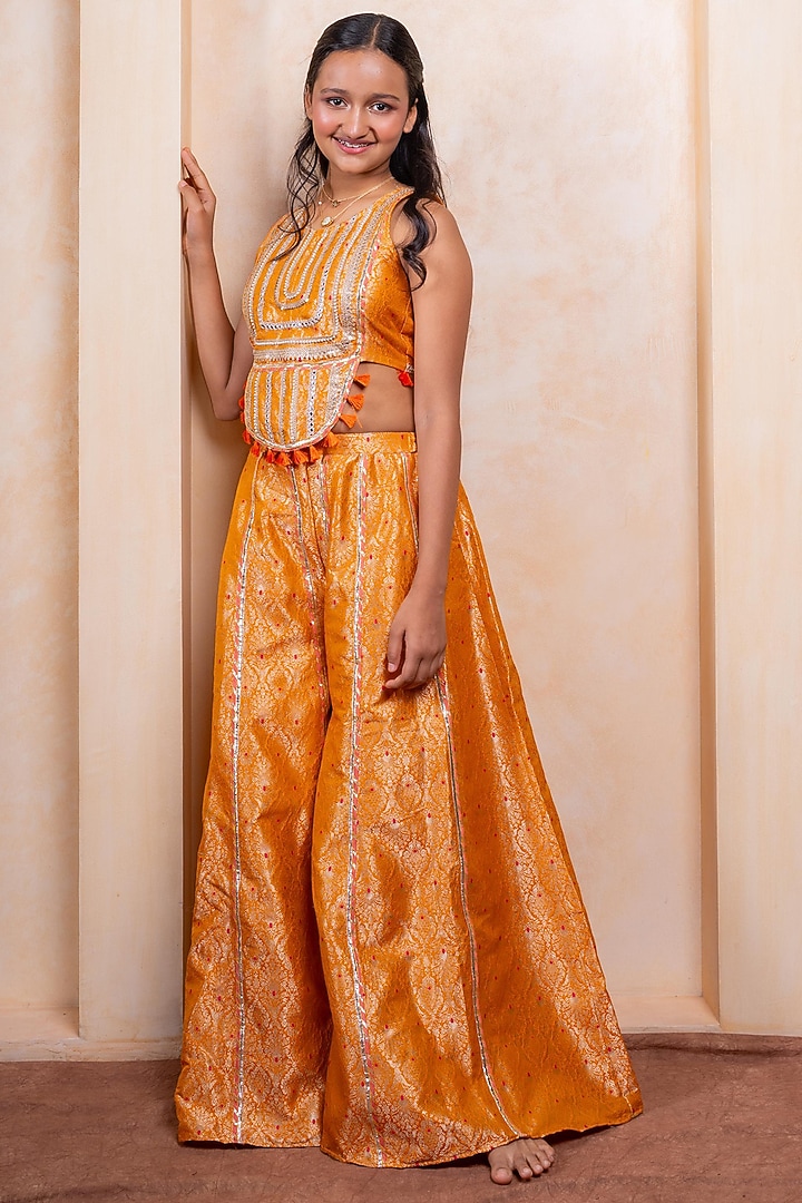Golden Yellow Brocade Silk Palazzo Pant Set For Girls by Kirti Agarwal Pret n Couture at Pernia's Pop Up Shop