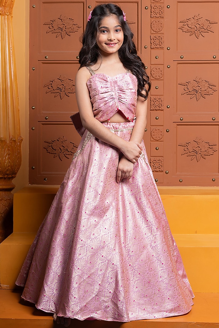 Pink Brocade Embroidered Lehenga Set For Girls by Kirti Agarwal Pret n Couture at Pernia's Pop Up Shop