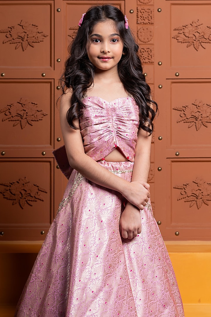 Pink Brocade Embroidered Lehenga Set For Girls by Kirti Agarwal Pret n Couture at Pernia's Pop Up Shop