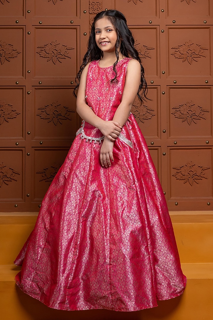 Pink Brocade Embroidered Lehenga Set For Girls by Kirti Agarwal Pret n Couture at Pernia's Pop Up Shop