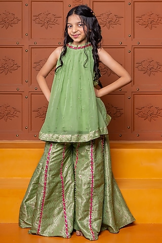 Pastel Green Brocade Sharara Set For Girls by Kirti Agarwal Pret n Couture