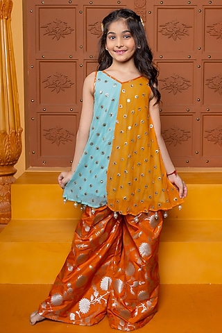 Orange Brocade Embroidered Sharara Set For Girls by Kirti Agarwal Pret n Couture