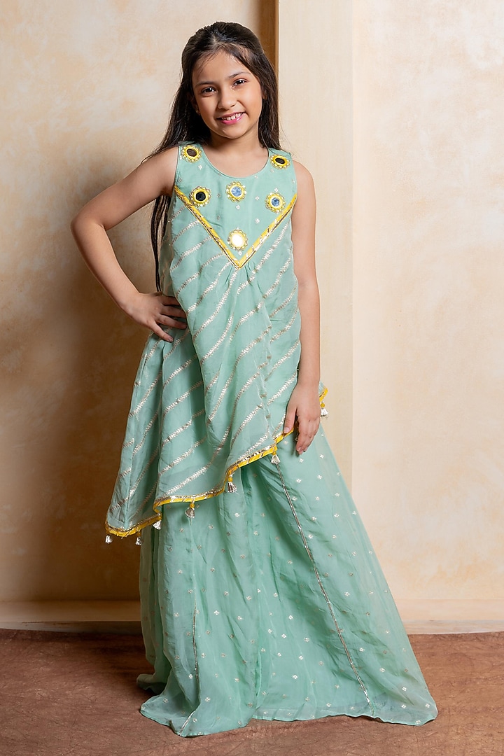 Green Organza Satin Palazzo Pant Set For Girls by Kirti Agarwal Pret n Couture at Pernia's Pop Up Shop