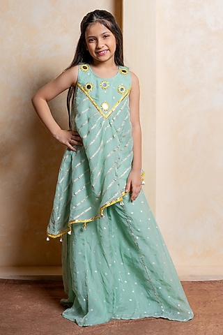 Green Organza Satin Palazzo Pant Set For Girls by Kirti Agarwal Pret n Couture