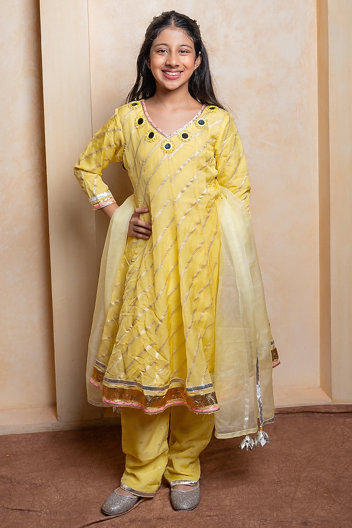 Yellow Organza Viscose Embroidered Anarkali Set For Girls by Kirti Agarwal Pret n Couture at Pernia's Pop Up Shop