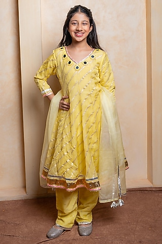 Yellow Organza Viscose Embroidered Anarkali Set For Girls by Kirti Agarwal Pret n Couture