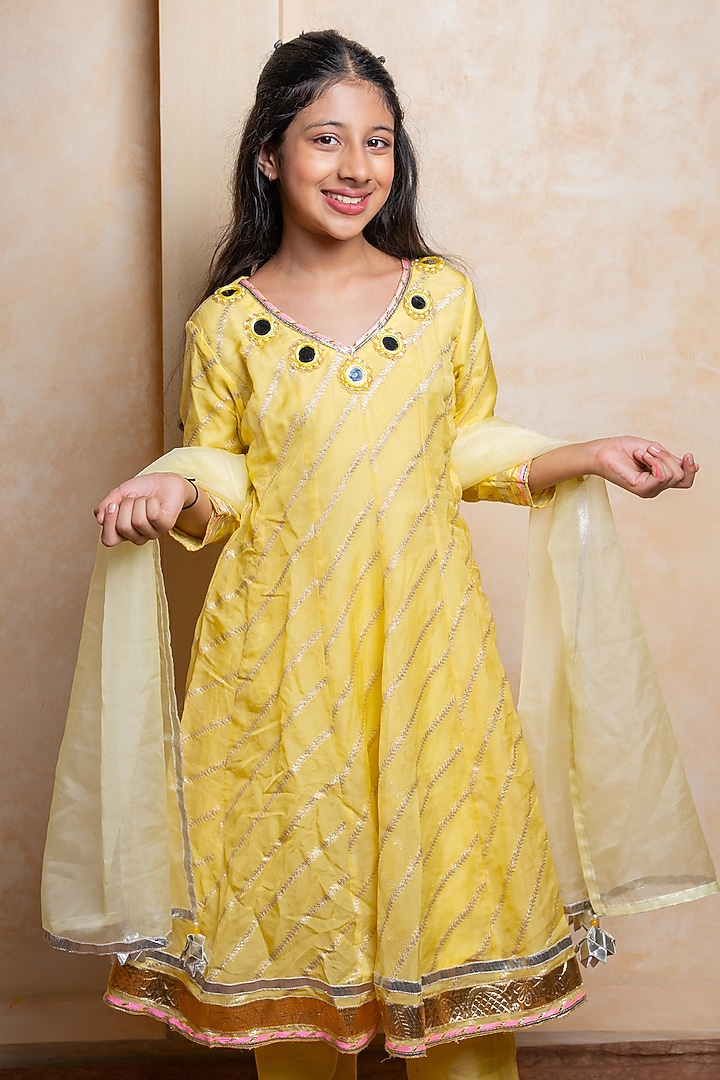 Yellow Organza Viscose Embroidered Anarkali Set For Girls by Kirti Agarwal Pret n Couture at Pernia's Pop Up Shop