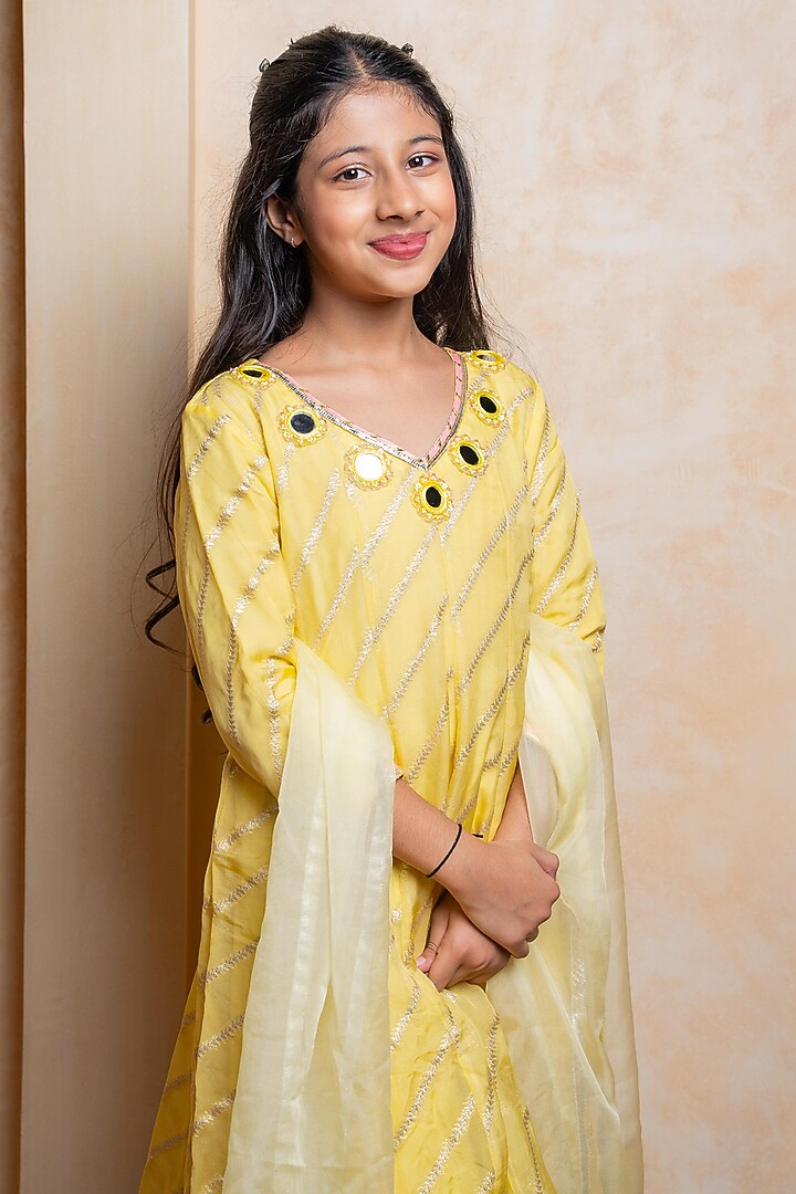 Yellow Organza Viscose Embroidered Anarkali Set For Girls by Kirti Agarwal Pret n Couture at Pernia's Pop Up Shop