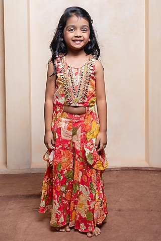 Multi-Colored Brocade Silk Palazzo Pant Set For Girls by Kirti Agarwal Pret n Couture