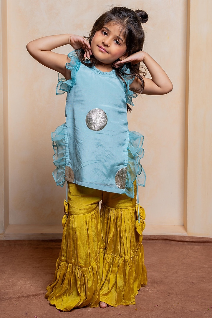 Mustard Yellow Crepe Chinon Sharara Set For Girls by Kirti Agarwal Pret n Couture at Pernia's Pop Up Shop