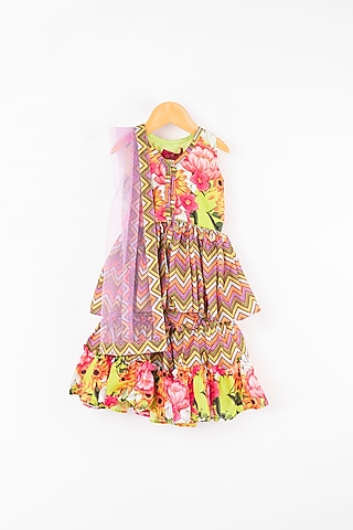 Lime Floral Printed Sharara Set For Girls by Kirti Agarwal Pret n Couture