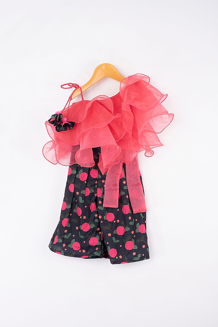 Black & Neon Fuchsia Floral Printed Pant Set For Girls by Kirti Agarwal Pret n Couture at Pernia's Pop Up Shop