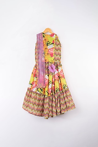 Multi-Colored Mulmul Silk Three-Tiered Lehenga Set For Girls by Kirti Agarwal Pret n Couture
