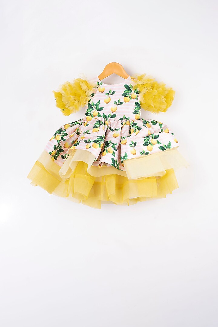 Butter Yellow & White Printed Three-Tiered Frock For Girls by Kirti Agarwal Pret n Couture at Pernia's Pop Up Shop
