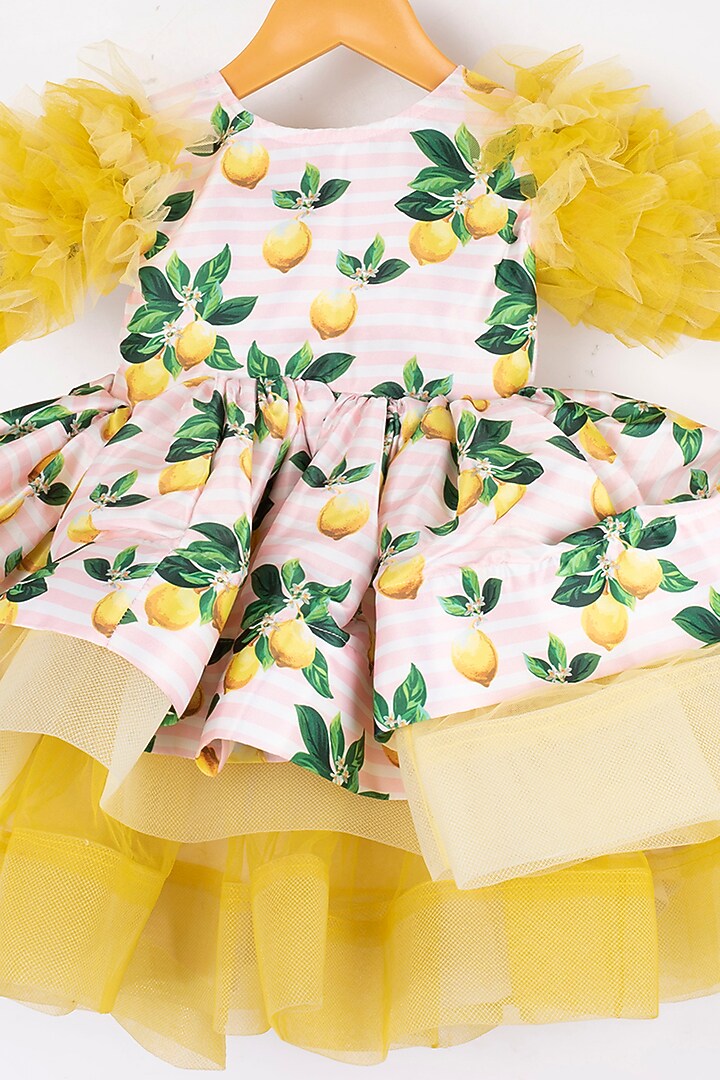 Butter Yellow & White Printed Three-Tiered Frock For Girls by Kirti Agarwal Pret n Couture at Pernia's Pop Up Shop