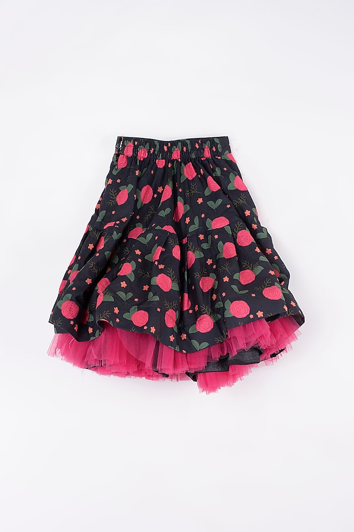 Candy Pink & Black Floral Printed Skirt Set For Girls by  Kirti Agarwal Pret n Couture at Pernia's Pop Up Shop
