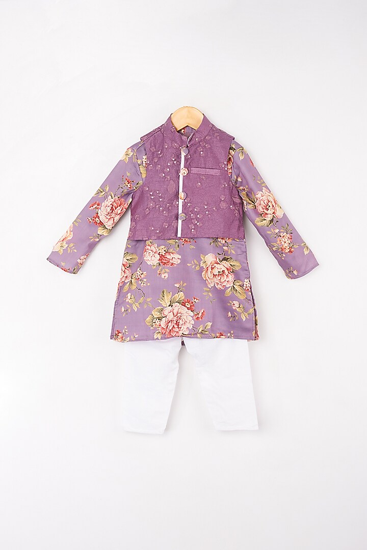 Lavender Printed and Embroidered Kurta Set With Jacket For Boys by Kirti Agarwal Pret n Couture
