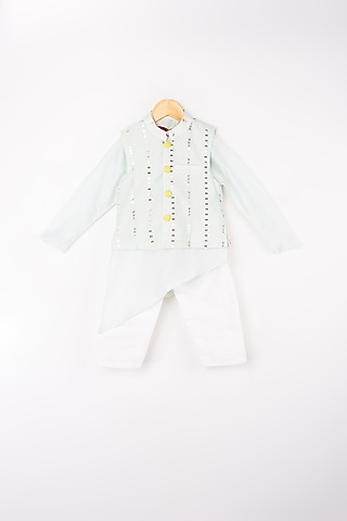 Mint Blue Kurta Set With Embroidered Nehru Jacket For Boys by Kirti Agarwal Pret n Couture