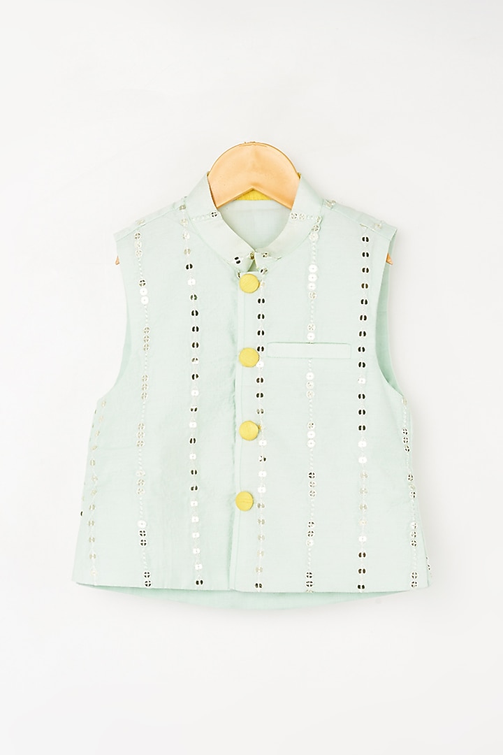 Mint Blue Kurta Set With Embroidered Nehru Jacket For Boys by Kirti Agarwal Pret n Couture at Pernia's Pop Up Shop