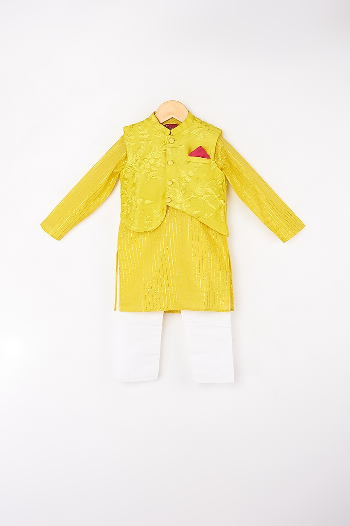 Yellow Kurta Set With Embroidered Nehru Jacket For Boys by Kirti Agarwal Pret n Couture at Pernia's Pop Up Shop