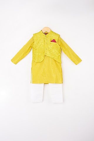 Yellow Kurta Set With Embroidered Nehru Jacket For Boys by Kirti Agarwal Pret n Couture