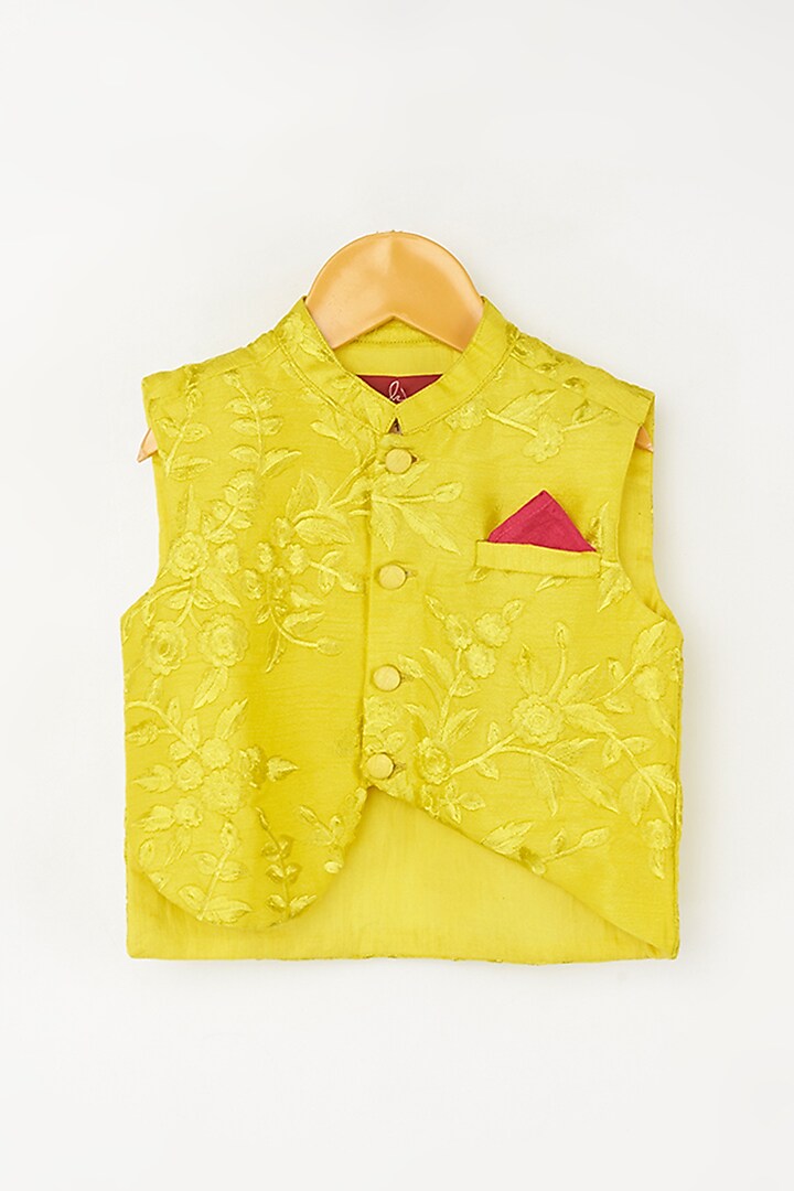 Yellow Kurta Set With Embroidered Nehru Jacket For Boys by Kirti Agarwal Pret n Couture at Pernia's Pop Up Shop
