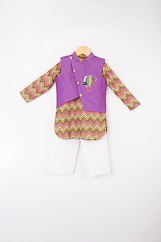 Multi-Colour Kurta Set With Purple Bundi Jacket For Boys by Kirti Agarwal Pret n Couture