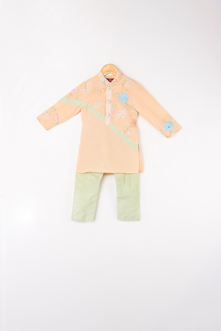 Peach & Beige Kurta Set For Boys by Kirti Agarwal Pret n Couture