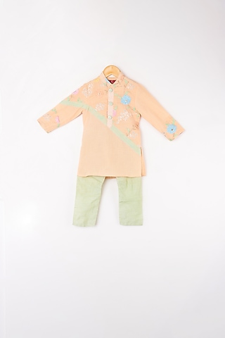 Peach & Beige Kurta Set For Boys by Kirti Agarwal Pret n Couture