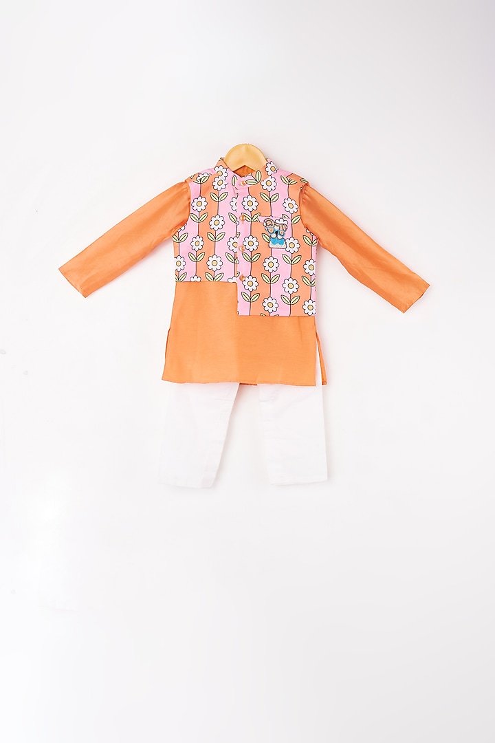Orange Kurta Set With Printed Bundi Jacket For Boys by Kirti Agarwal Pret n Couture