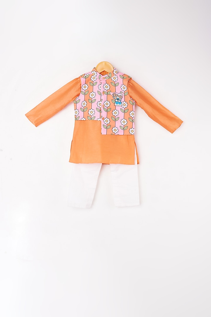 Orange Kurta Set With Printed Bundi Jacket For Boys by Kirti Agarwal Pret n Couture at Pernia's Pop Up Shop