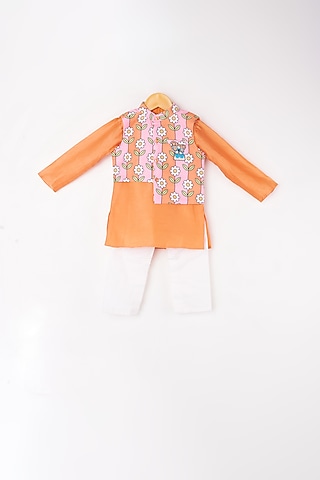 Orange Kurta Set With Printed Bundi Jacket For Boys by Kirti Agarwal Pret n Couture