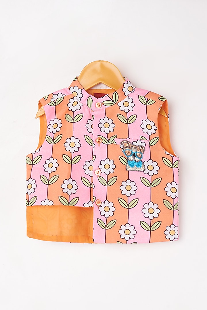 Orange Kurta Set With Printed Bundi Jacket For Boys by Kirti Agarwal Pret n Couture at Pernia's Pop Up Shop