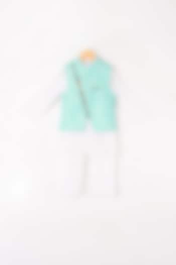 White Kurta Set With Sky Blue Bundi Jacket For Boys by Kirti Agarwal Pret n Couture