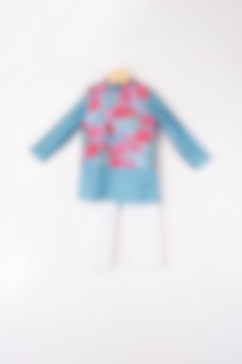 Paisley Blue & Pink Kurta Set With Bundi Jacket For Boys by Kirti Agarwal Pret n Couture