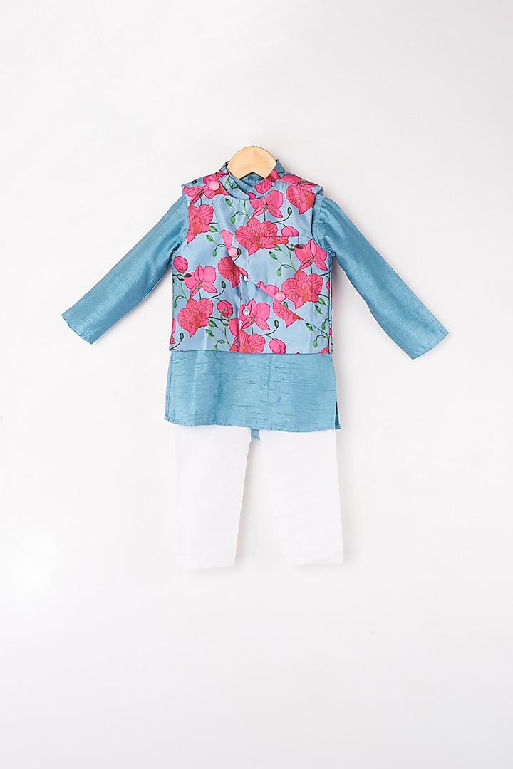 Paisley Blue & Pink Kurta Set With Bundi Jacket For Boys by Kirti Agarwal Pret n Couture