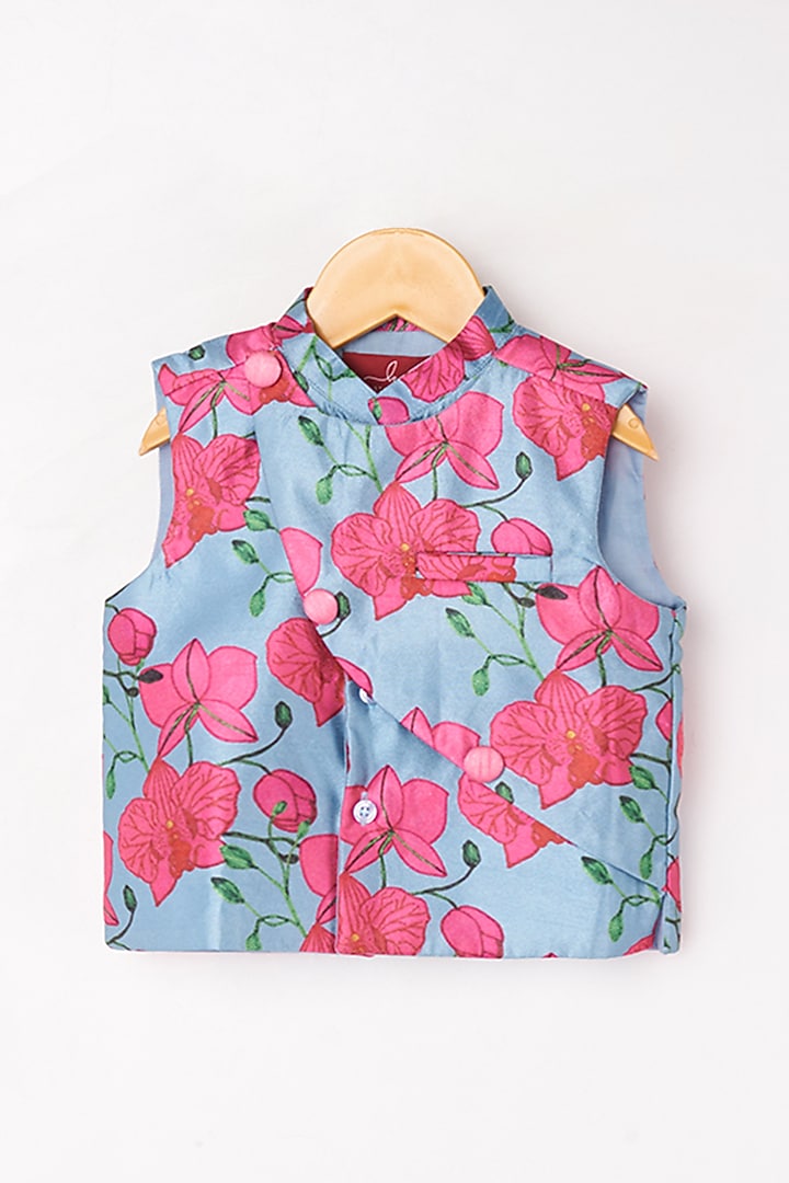 Paisley Blue & Pink Kurta Set With Bundi Jacket For Boys by Kirti Agarwal Pret n Couture at Pernia's Pop Up Shop