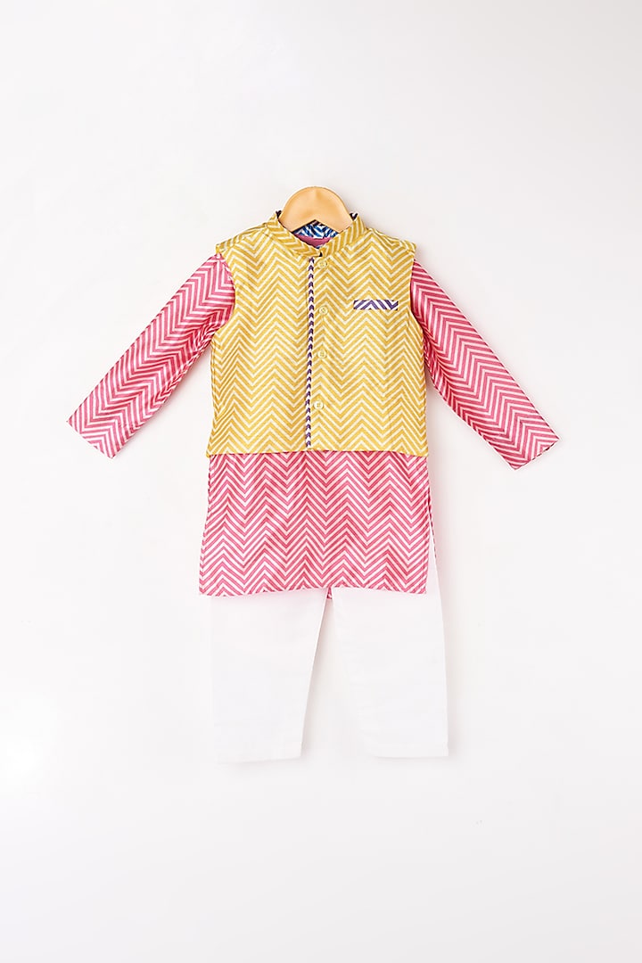Yellow & Pink Kurta Set With Bundi Jacket For Boys by Kirti Agarwal Pret n Couture