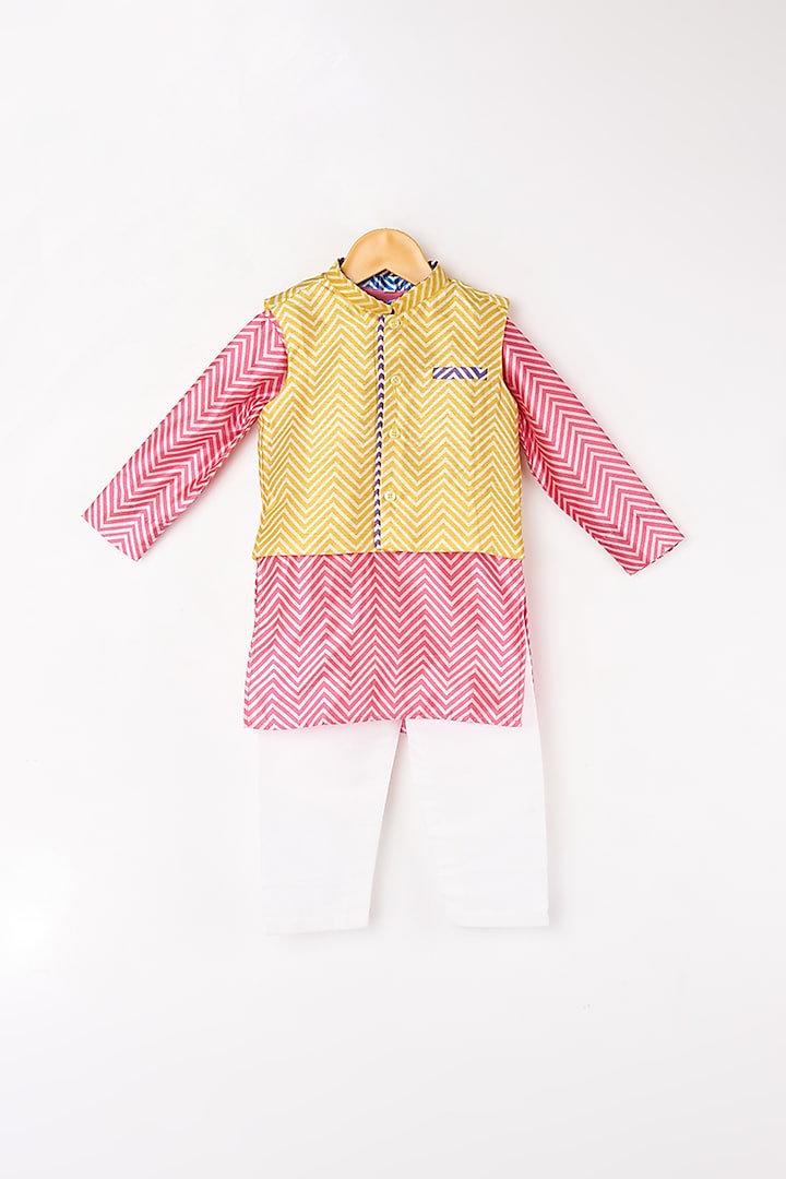 Yellow & Pink Kurta Set With Bundi Jacket For Boys by Kirti Agarwal Pret n Couture at Pernia's Pop Up Shop