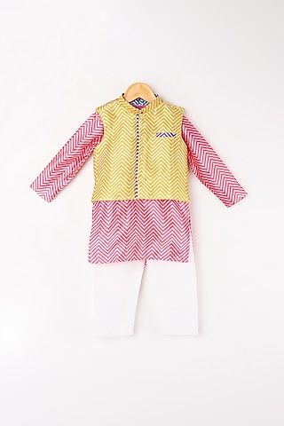 Yellow & Pink Kurta Set With Bundi Jacket For Boys by Kirti Agarwal Pret n Couture