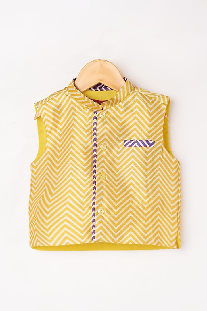 Yellow & Pink Kurta Set With Bundi Jacket For Boys by Kirti Agarwal Pret n Couture at Pernia's Pop Up Shop