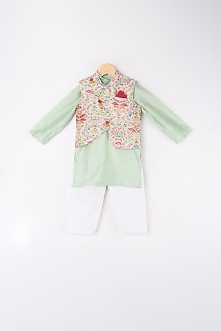 Mint Green Kurta Set With Embroidered Bundi Jacket For Boys by Kirti Agarwal Pret n Couture