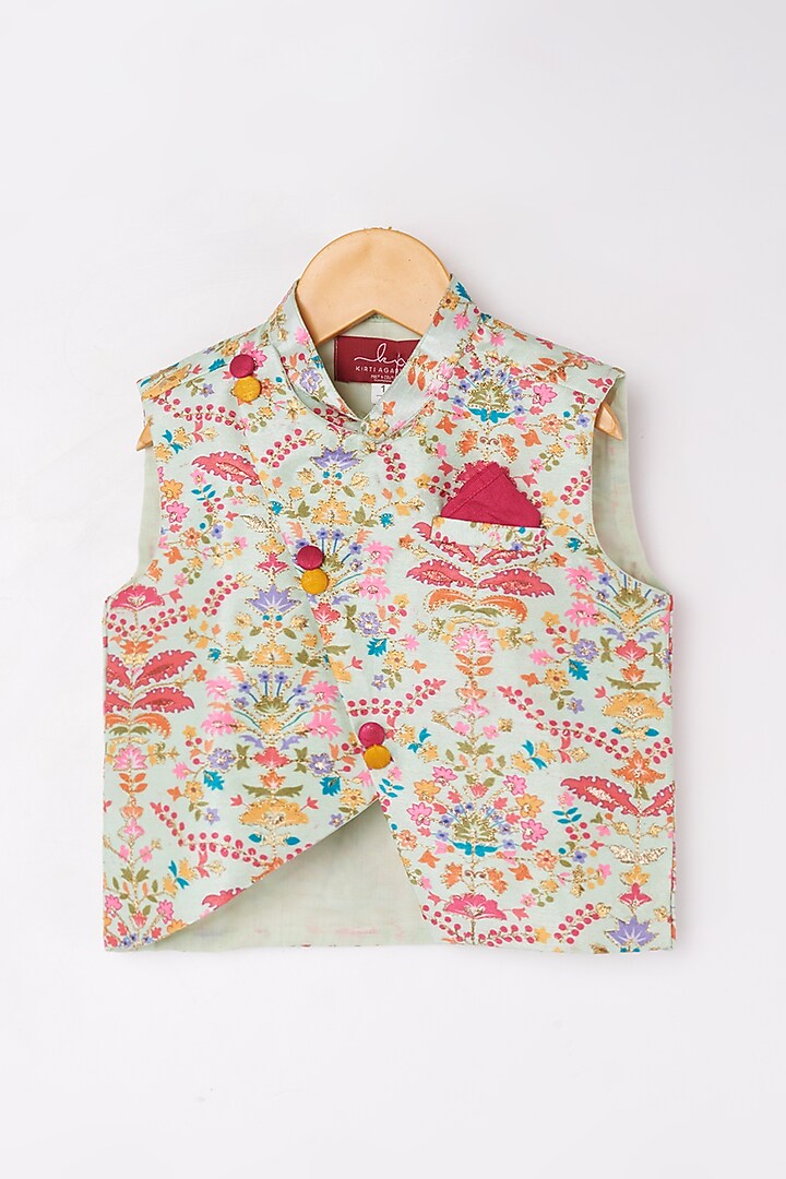Mint Green Kurta Set With Embroidered Bundi Jacket For Boys by Kirti Agarwal Pret n Couture at Pernia's Pop Up Shop