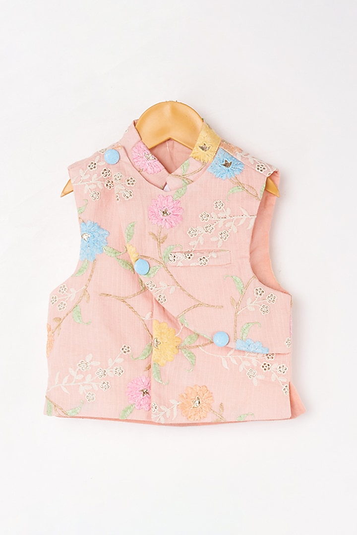 Peach Kurta Set With Embroidered Bundi Jacket For Boys by Kirti Agarwal Pret n Couture at Pernia's Pop Up Shop