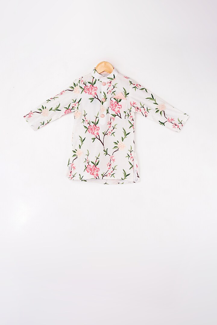 Peach & White Printed Kurta Set For Boys by Kirti Agarwal Pret n Couture at Pernia's Pop Up Shop